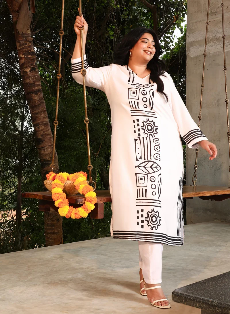 انستافاب بلس Instafab Plus Women's Daisy White & Onyx Black Indie Lines Kurta Set For Ethnic Wear | Round Neck, Quarter Regular Sleeves | Indie Print Plain Fabric | 2 Piece Kurta Set For Casual & Daily Wear