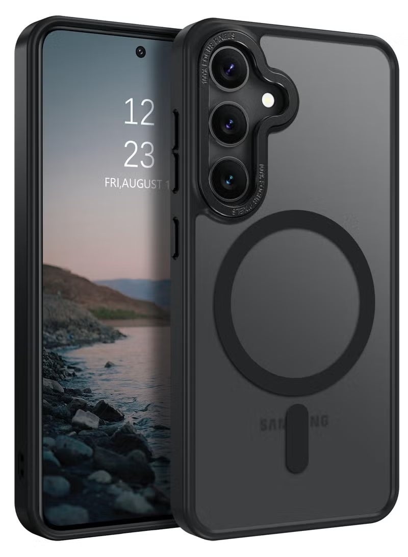 Suitable for Samsung S25 Plus case, compatible with MagSafe, magnetic translucent matte back shockproof cover, strong magnet, military-grade anti-fall full protection mobile phone case, suitable for Galaxy S25 Plus 5G (black) - Image 1