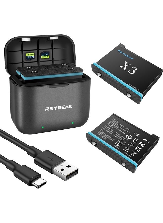 REYGEAK عبوتان بديلتان لبطارية إنستا 360 X3 سعة 1800 مللي أمبير وشاحن سريع LED USB ذو قناتين، ملحقات شاحن بطارية بديلة لإنستا 360 X3 - Image 1