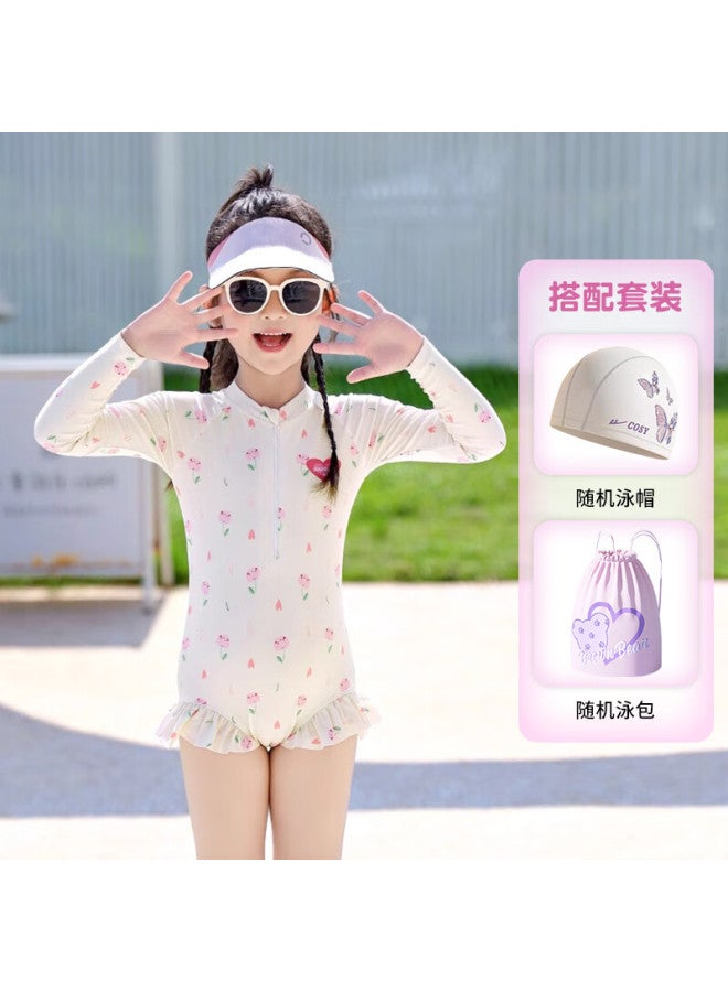 Huanli Children's One-piece Swimsuit For Girls With Sun Protection, Three-piece Set For Infants And Toddlers, Pink, Size L