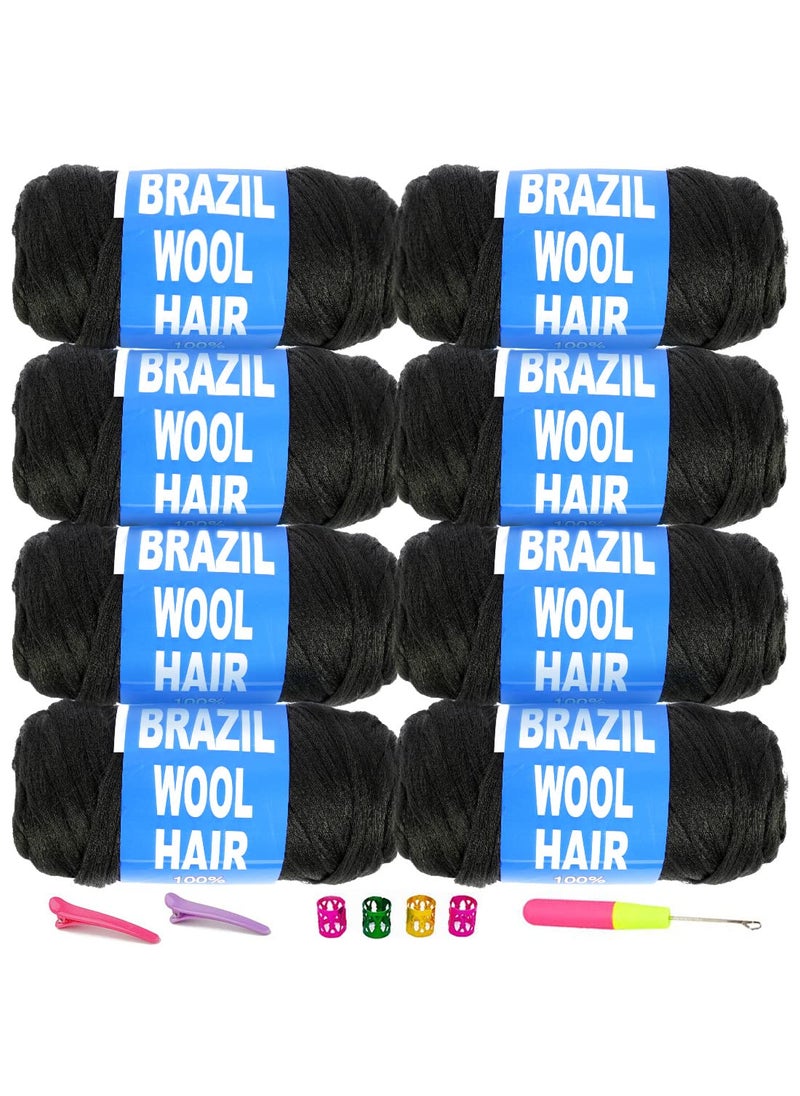 Youngther - Brazilian Wool Hair Yarn for Braids 100% Brazilian Wool Hair Acrylic Yarn for African Braids/Spring Twist/Faux Locs/Wraps with Crochet Hook(8 Roll, Natural Black) - Image 1