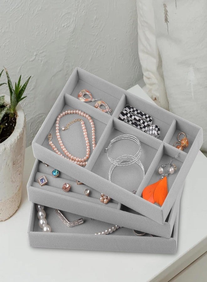 ABUDIT Velvet Jewelry Trays Organizer for Drawers, Small Stackable Jewelry Display Tray for Ring Earring Bangle Bracelet Necklace, Set of 4, Gray - Image 4