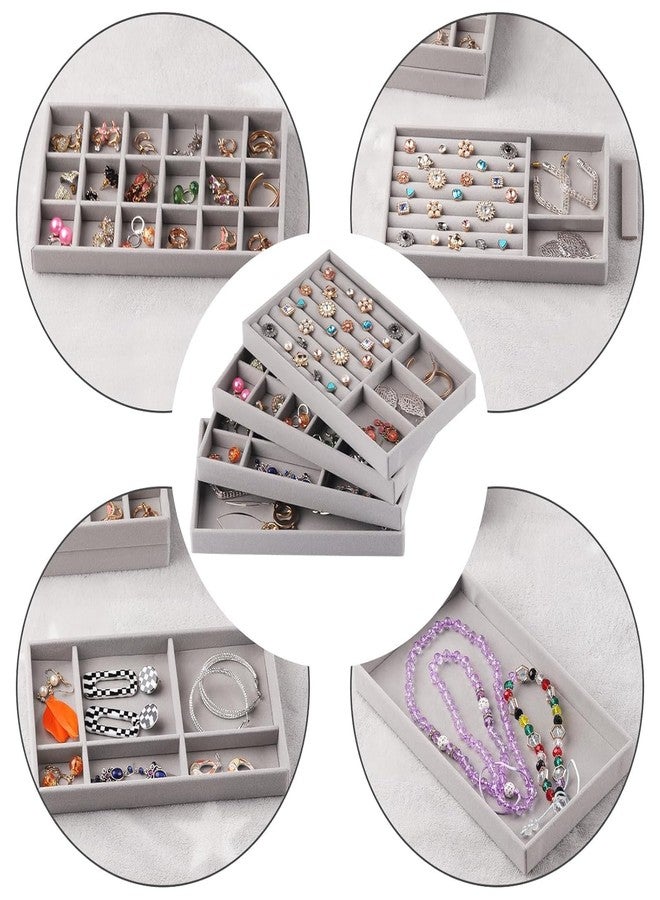 ABUDIT Velvet Jewelry Trays Organizer for Drawers, Small Stackable Jewelry Display Tray for Ring Earring Bangle Bracelet Necklace, Set of 4, Gray - Image 3