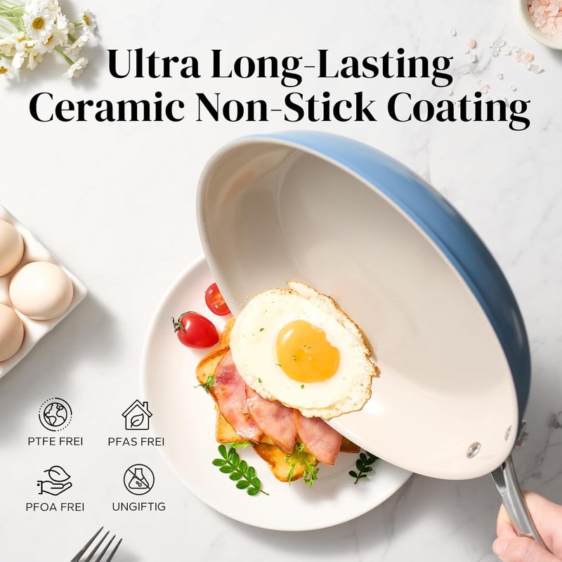 Redchef مقلاة بيض سيراميك غير لاصقة، مقلاة قلي غير لاصقة، مقلاة طهي 8 بوصة غير سامة مع مقبض بارد للم induction، خالية من PTFE و PFAS و PFOA، آمنة في غسالة الصحون/الفرن (زرقاء) - Image 4