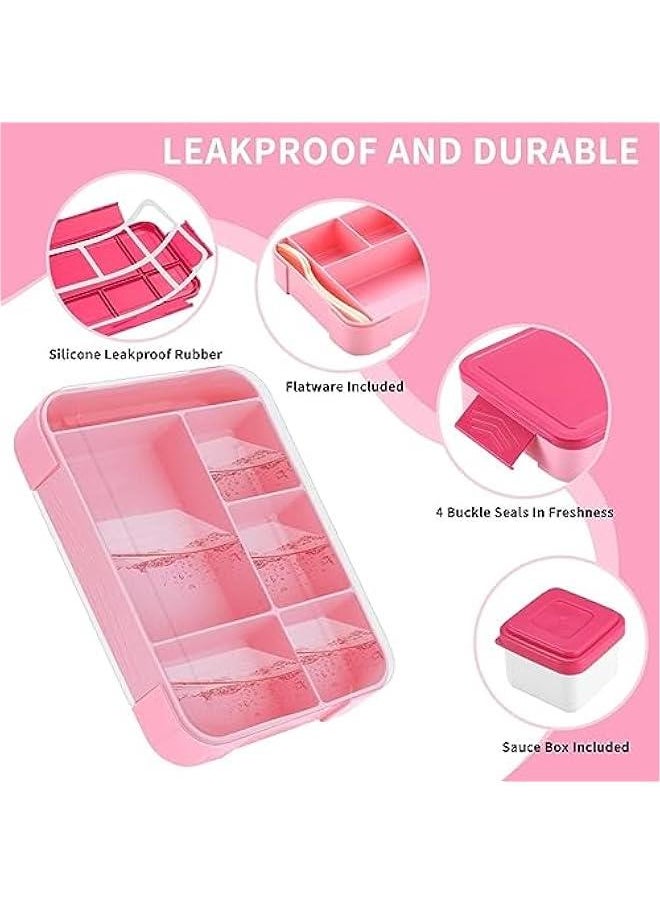 HOOKOR Bento Lunch Box for Adult Kids, 1330ML Stylish Teens Adult Bento Box With 6 Compartments, Durable, Microwave/Dishwasher Safe, BPA-Free, Perfect for On-the-Go Meal (Pink)  - Image 2