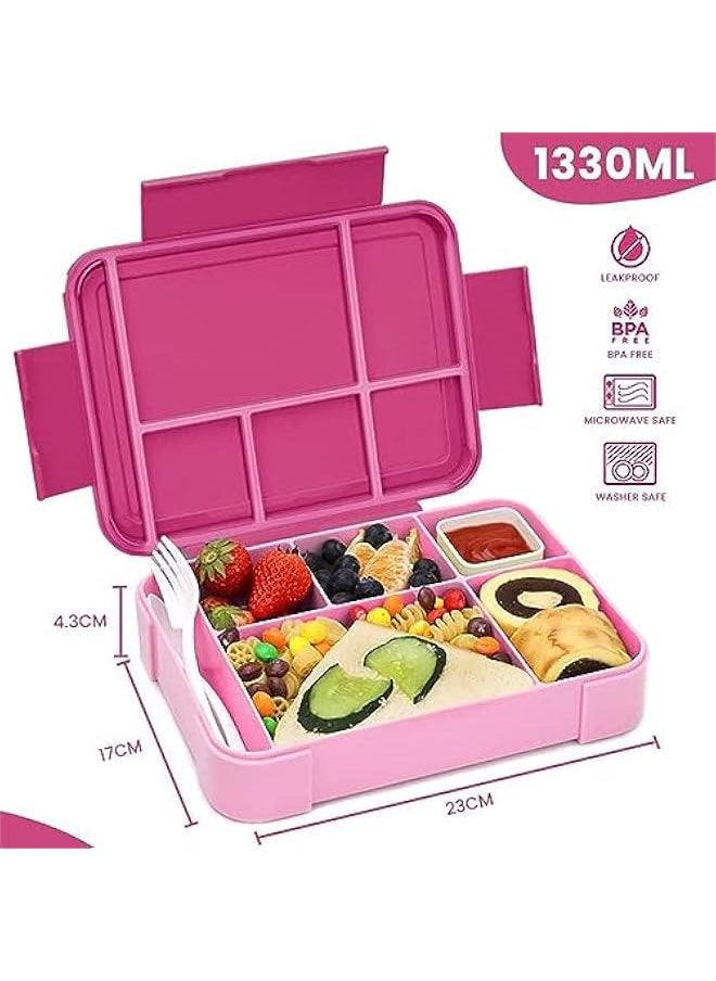 HOOKOR Bento Lunch Box for Adult Kids, 1330ML Stylish Teens Adult Bento Box With 6 Compartments, Durable, Microwave/Dishwasher Safe, BPA-Free, Perfect for On-the-Go Meal (Pink)  - Image 3