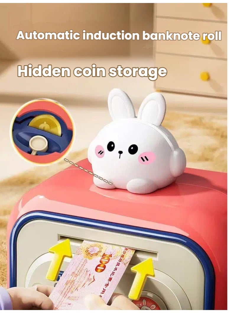 Rokis Smart Electronic Money Bank for Kids with Automatic Bill Grab Password and Fingerprint Lock Coin Storage Sound Effects Educational Toy for Financial Learning Saving Habits Rabbit Pink - Image 3