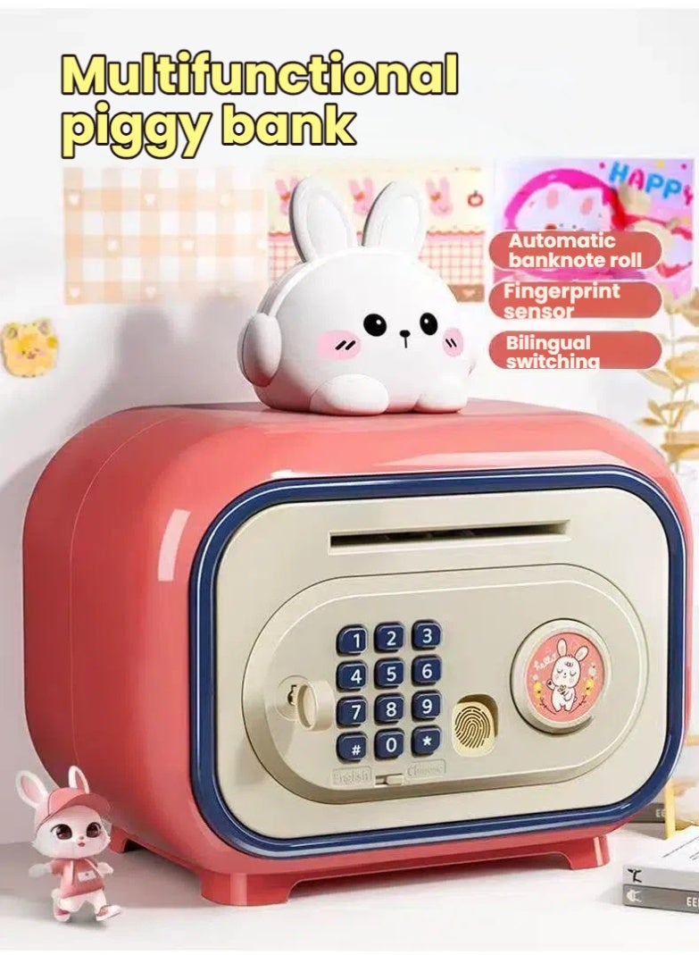 Rokis Smart Electronic Money Bank for Kids with Automatic Bill Grab Password and Fingerprint Lock Coin Storage Sound Effects Educational Toy for Financial Learning Saving Habits Rabbit Pink - Image 2