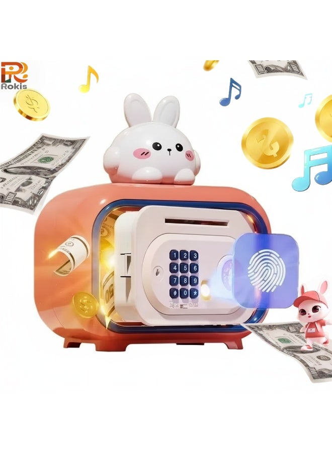 Rokis Smart Electronic Money Bank for Kids with Automatic Bill Grab Password and Fingerprint Lock Coin Storage Sound Effects Educational Toy for Financial Learning Saving Habits Rabbit Pink - Image 1