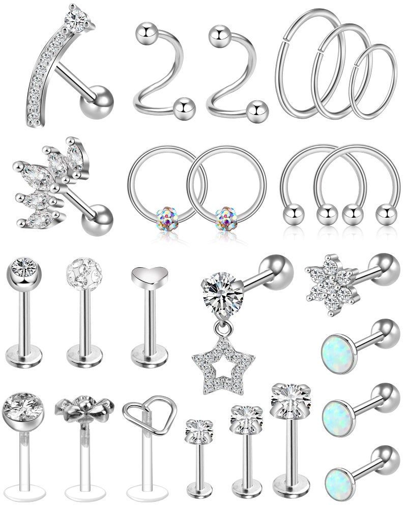 ONESING 25 Pcs Tragus Piercing Jewelry 16g 20g Silver Tragus Jewelry Hypoallergenic Forward Helix Piercing Jewelry Surgical Stainless Steel Cartilage Earrings for Women Hoop Ear Cuffs - Image 1