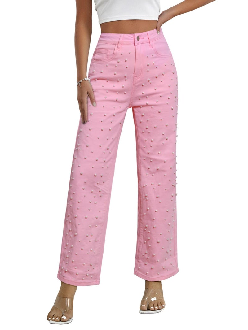 Kedera Women Pearl Baggy Jeans Loose Fit Casual Rhinestone Jeans Straight Leg Stretchy Denim Jeans Pink - Image 1