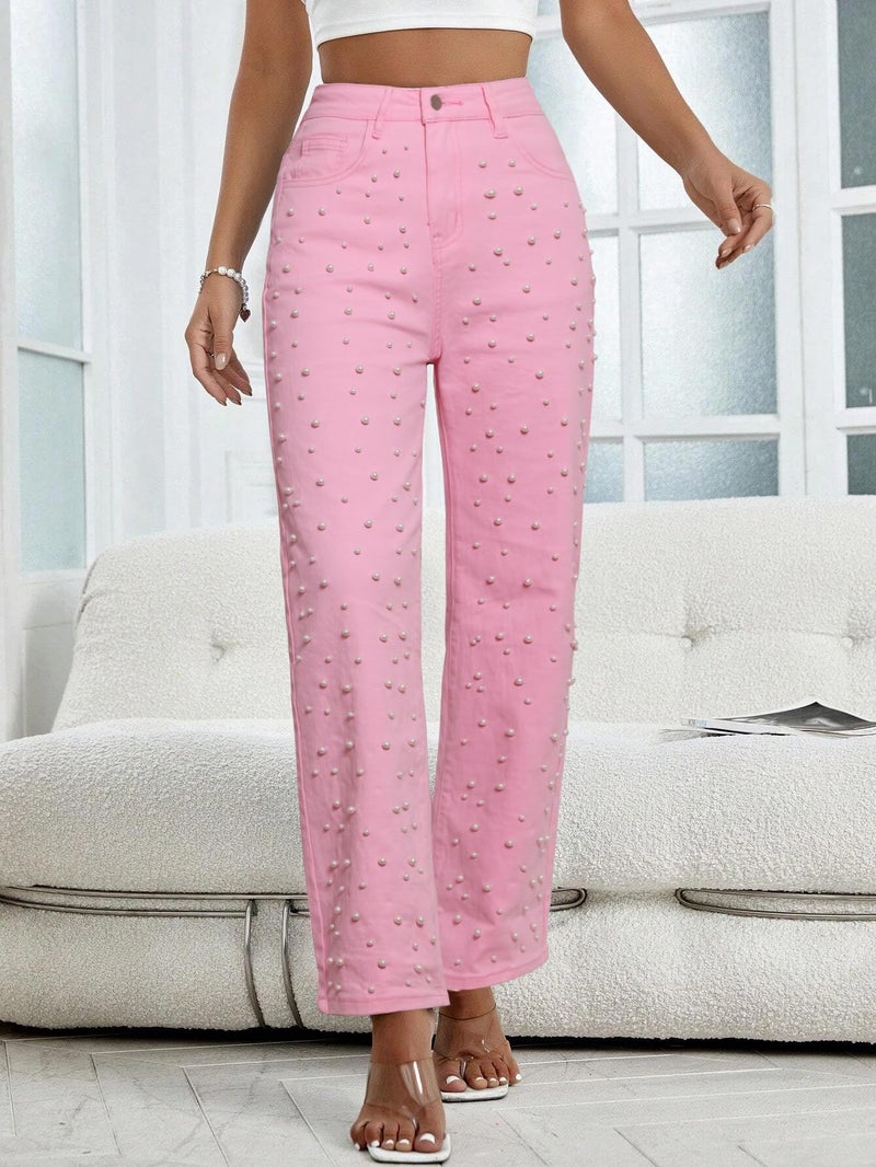 Kedera Women Pearl Baggy Jeans Loose Fit Casual Rhinestone Jeans Straight Leg Stretchy Denim Jeans Pink - Image 4
