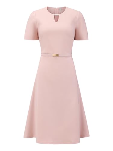 Hobemty Women's Cocktail A-Line Dress Choker V Neck Short Sleeve Belted Elegant Flare Dresses X-Large Pink - Image 1
