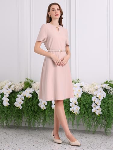 Hobemty Women's Cocktail A-Line Dress Choker V Neck Short Sleeve Belted Elegant Flare Dresses X-Large Pink - Image 3