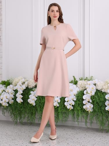 Hobemty Women's Cocktail A-Line Dress Choker V Neck Short Sleeve Belted Elegant Flare Dresses X-Large Pink - Image 2