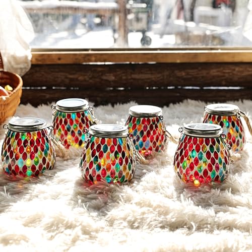 Cooo 2 Pack Mosaic Solar Lantern Outdoor Waterproof IP68 Hanging Projection Light Hidden Lid PearShaped Lantern with Rope Handle Solar Powered Auto On for Patio Christmas Decorations Crimson Ember - Image 1