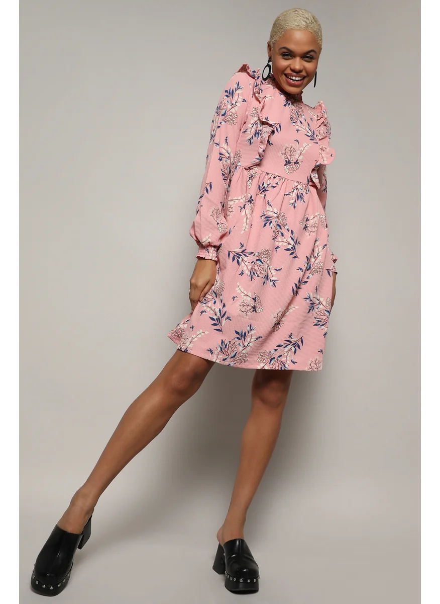 كامبوس سوترا Women's Baby Pink Foliage Ruffle Dress