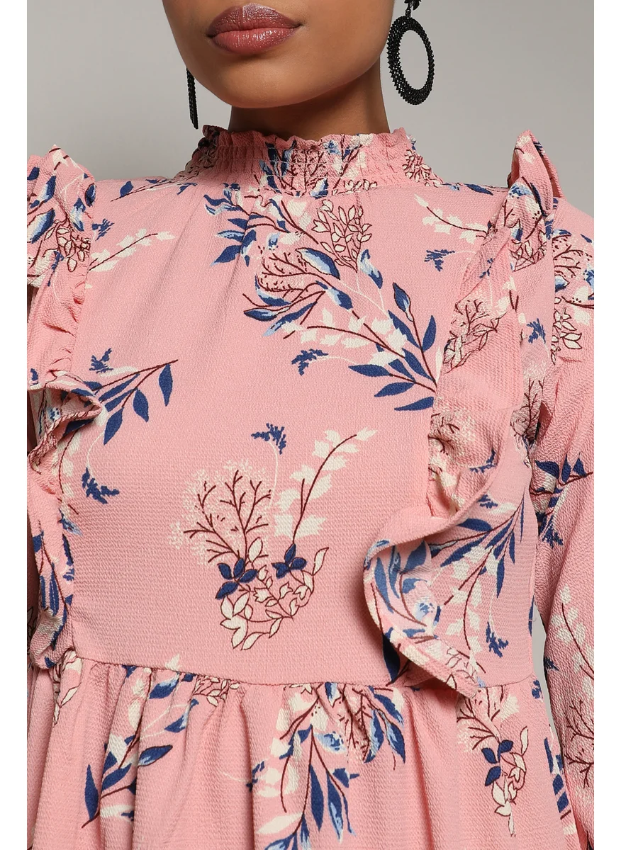 كامبوس سوترا Women's Baby Pink Foliage Ruffle Dress
