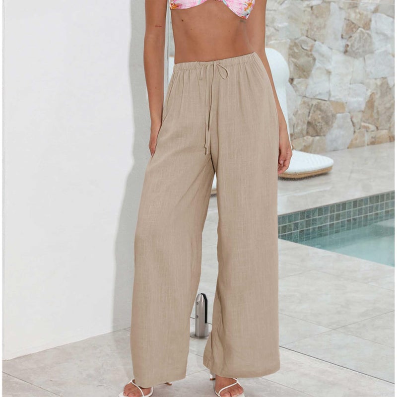Duyang Womens Cotton Linen Palazzo Pants Drawstring Elastic Waist Casual Wide Leg Trousers with Pockets(Khaki,S) - Image 2
