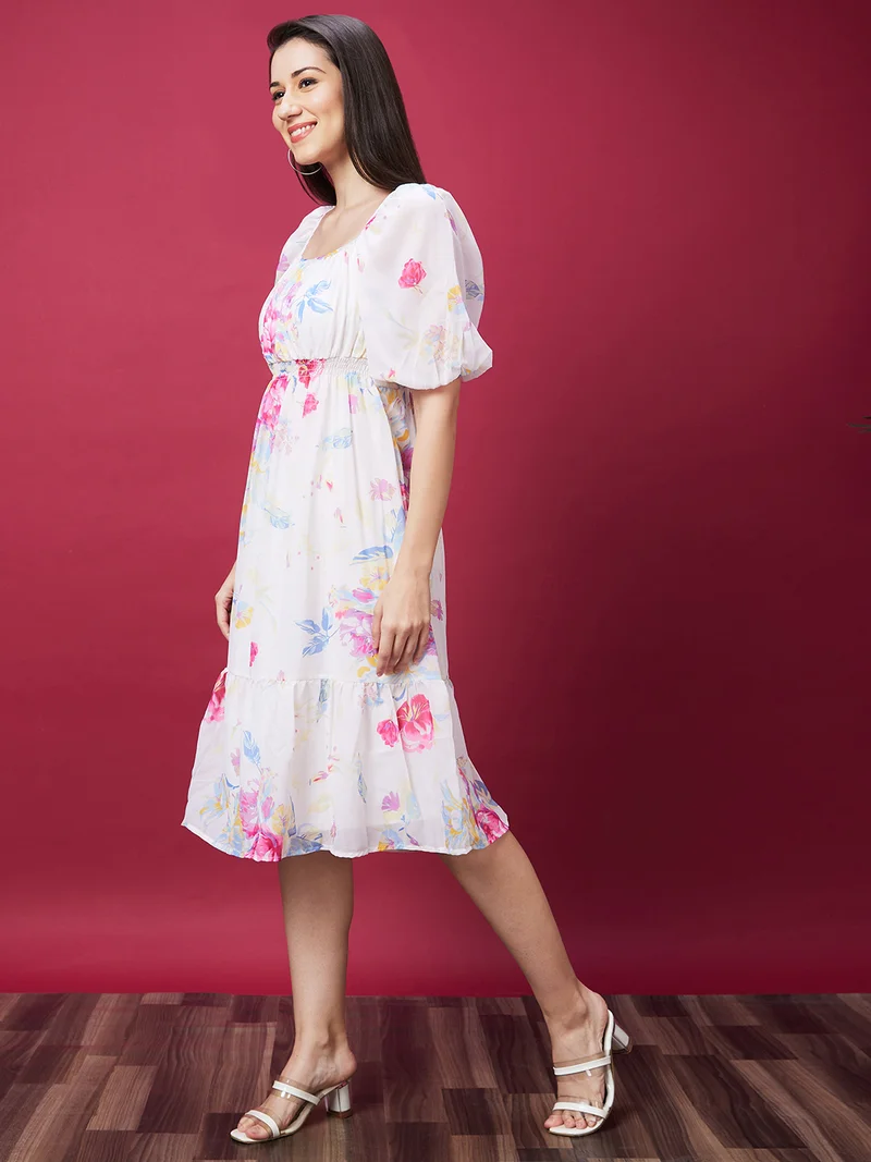 جلو باص فستان ميدي نسائي مطبوع بالزهور بأكمام منتفخة من الشيفون بقصة واسعة