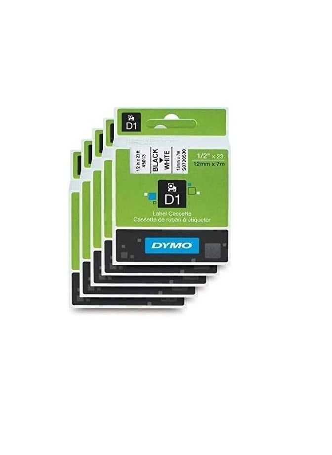Dymo - DYMO D1 5 nos Labeling 1/2"x23' Black Print on White Tape - 12mm X 7M D1 Label Cassette Split Back Easy Peel Adhesive - Image 1