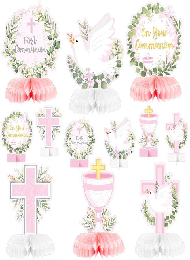 ANGOLIO 12Pcs First Holy Communion Party Decorations - Pink White Religious Cross, Chalice & Dove Centerpieces, Honeycomb Centerpieces Tables Photo Props Party Supplies for Child’s Blessed Celebration - Image 1