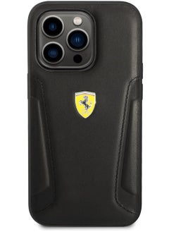 Ferrari IPHONE 14 PRO   - LEATHER BLACK CASE HOT STAMPED SIDES AND YELLOW SHIELD LOGO - FERRARI  - Image 1
