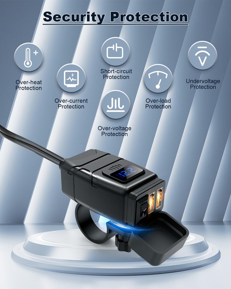 EXTRACTME Motorcycle USB Charger, 6.8A Quick Charge 3.0 Dual USB Motorcycle Phone Charger with Voltmeter & ON/Off Switch, Waterproof Quick Disconnect SAE to USB Adapter for Phone, Tablet, GPS - Blue - Image 4