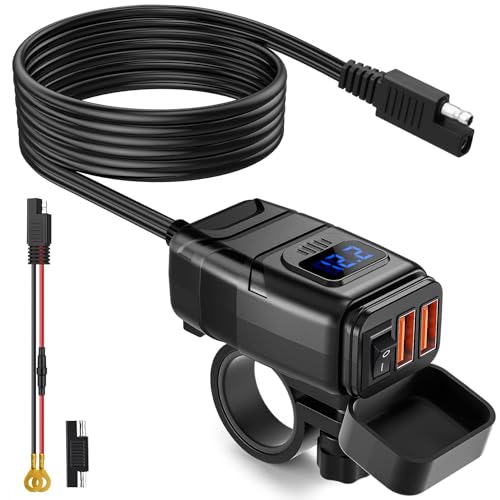 EXTRACTME Motorcycle USB Charger, 6.8A Quick Charge 3.0 Dual USB Motorcycle Phone Charger with Voltmeter & ON/Off Switch, Waterproof Quick Disconnect SAE to USB Adapter for Phone, Tablet, GPS - Blue - Image 1