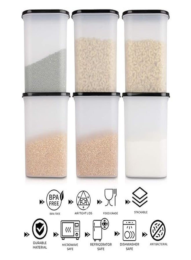 SIMPARTE Anti-Bacterial Modular Plastic Storage Container Set of 6 – 2400ml – Black – BPA-Free, Airtight Lid, Leakproof, Stackable Organizer for Pantry, Sugar, Flour & Grains - Image 3