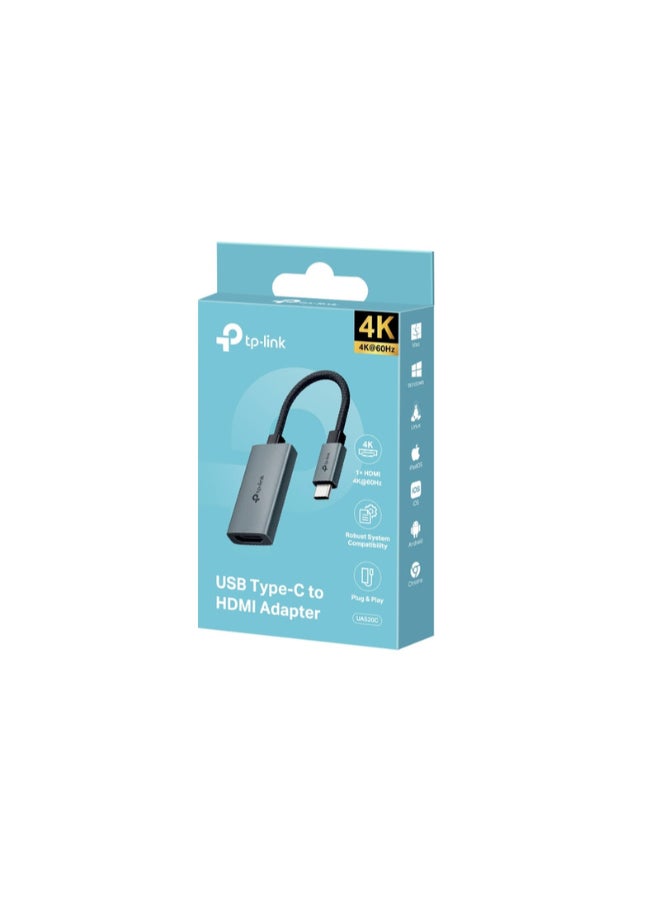 TP-LINK UA520C USB Type-C to HDMI Adapter, 4K 60Hz Ultra HD, Plug & Play, Portable, Flexible 100mm Braided Cable grey - Image 3