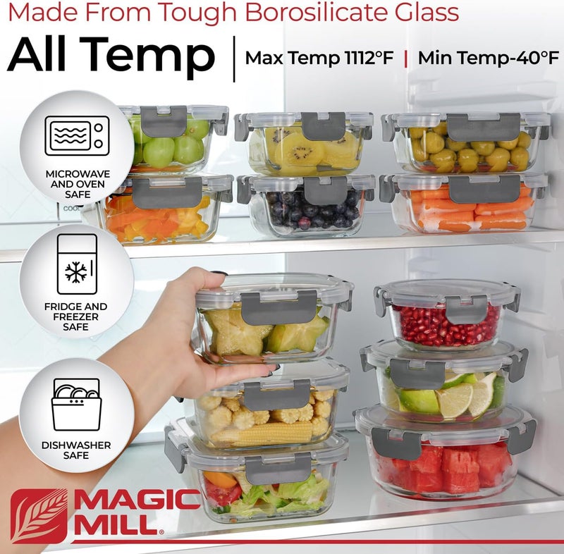 Magic Mill Premium Borosilicate Glass Food Storage Containers with lids Set | 24pc Sets with 12 Bowls & 12 Airtight Locking Lids for Lunch & Meal Prep, Safe for Oven, Freezer, Dishwasher, BPA-Free - Image 2
