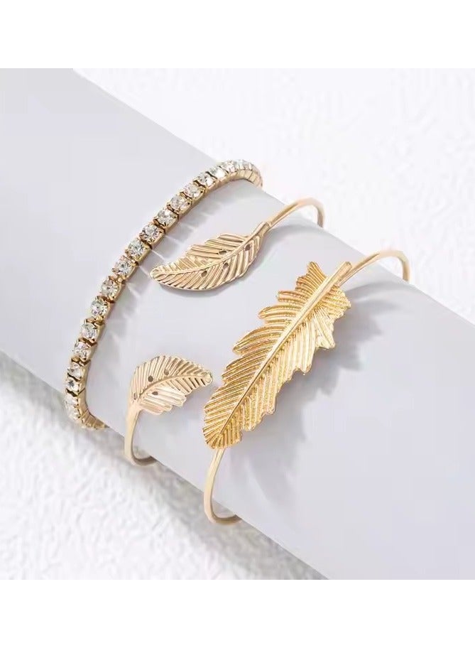 3 Pcs Gold Plated Feather Leaf Bangle Crystal Tennis Chain Bracelet for Women  - Image 2