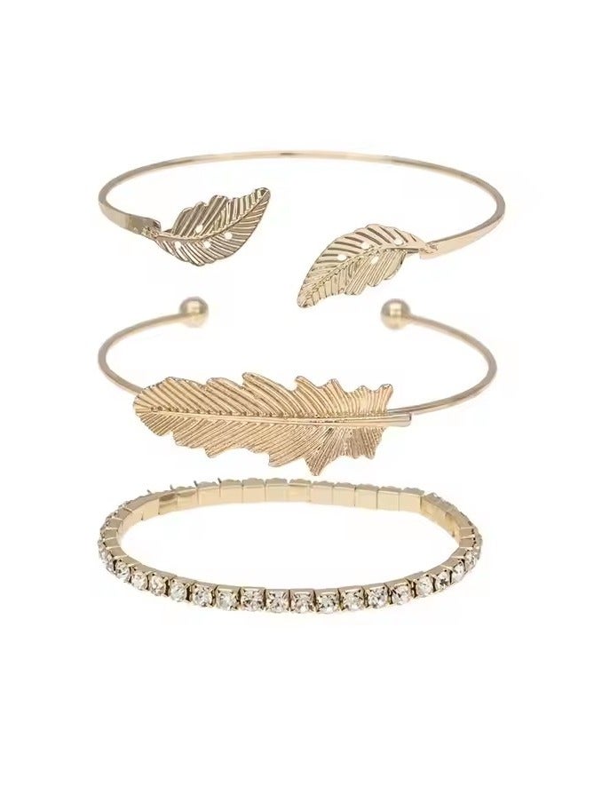 3 Pcs Gold Plated Feather Leaf Bangle Crystal Tennis Chain Bracelet for Women  - Image 3