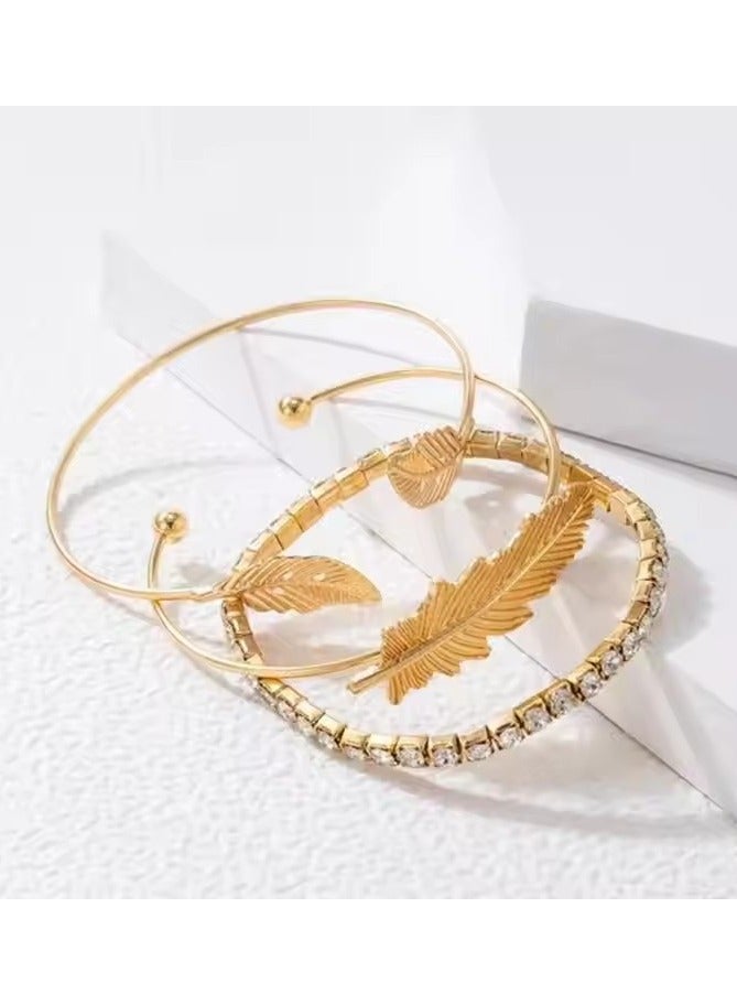 3 Pcs Gold Plated Feather Leaf Bangle Crystal Tennis Chain Bracelet for Women  - Image 4