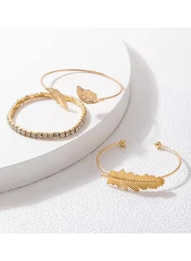 3 Pcs Gold Plated Feather Leaf Bangle Crystal Tennis Chain Bracelet for Women  - Image 5
