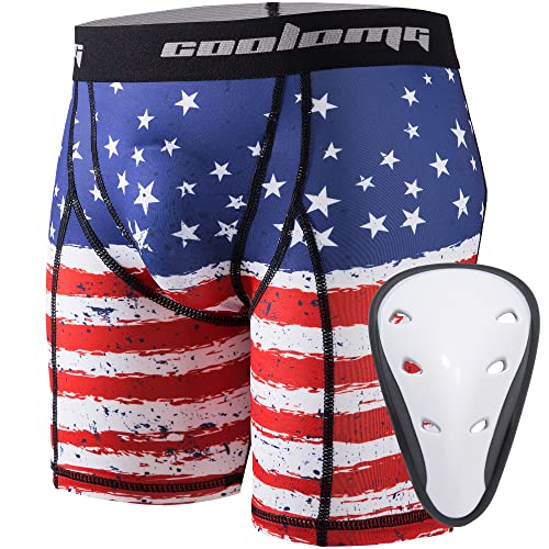 COOLOMG Boys Youth Compression Shorts with Athletic Cup for Baseball Football Hockey Lacrosse US Flag - Image 1