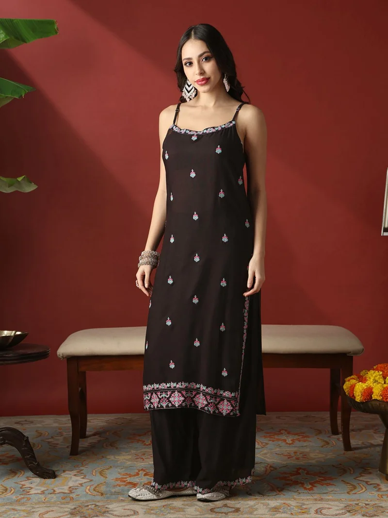 Globus Women Black Round Neck Strappy Shoulder Floral Embroiered Straight Kurta With Wide Leg Pants Festive Set