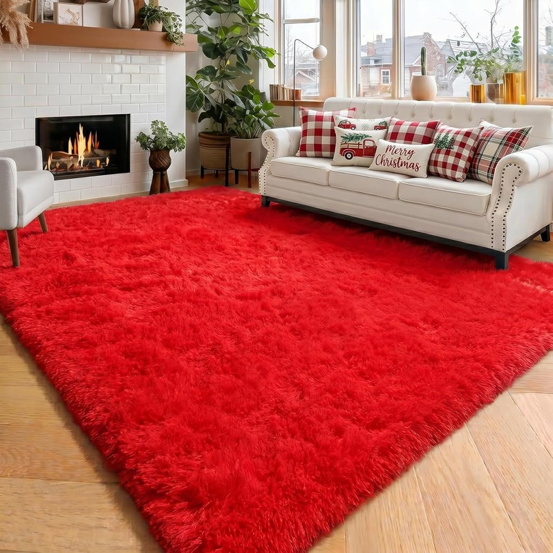 Amdrebio Red Rug for Bedroom,4'X6',Fluffy Shag Rug for Living Room,Furry Carpet for Kids Room,Shaggy Throw Rug for Nursery Room,Fuzzy Plush Rug,Scarlet Carpet,Rectangle,Cute Room Decor for Baby - Image 1