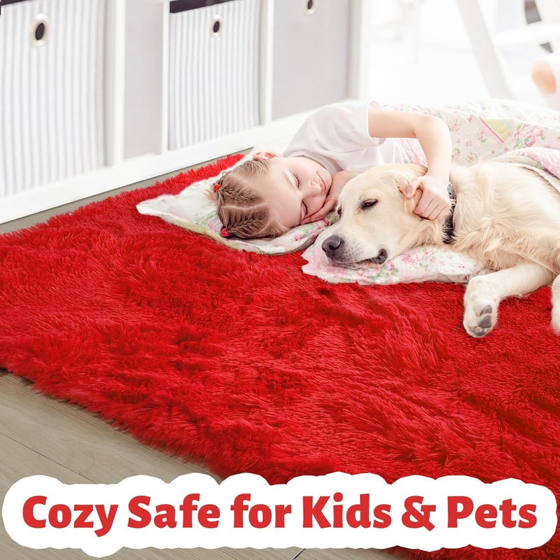 Amdrebio Red Rug for Bedroom,4'X6',Fluffy Shag Rug for Living Room,Furry Carpet for Kids Room,Shaggy Throw Rug for Nursery Room,Fuzzy Plush Rug,Scarlet Carpet,Rectangle,Cute Room Decor for Baby - Image 2