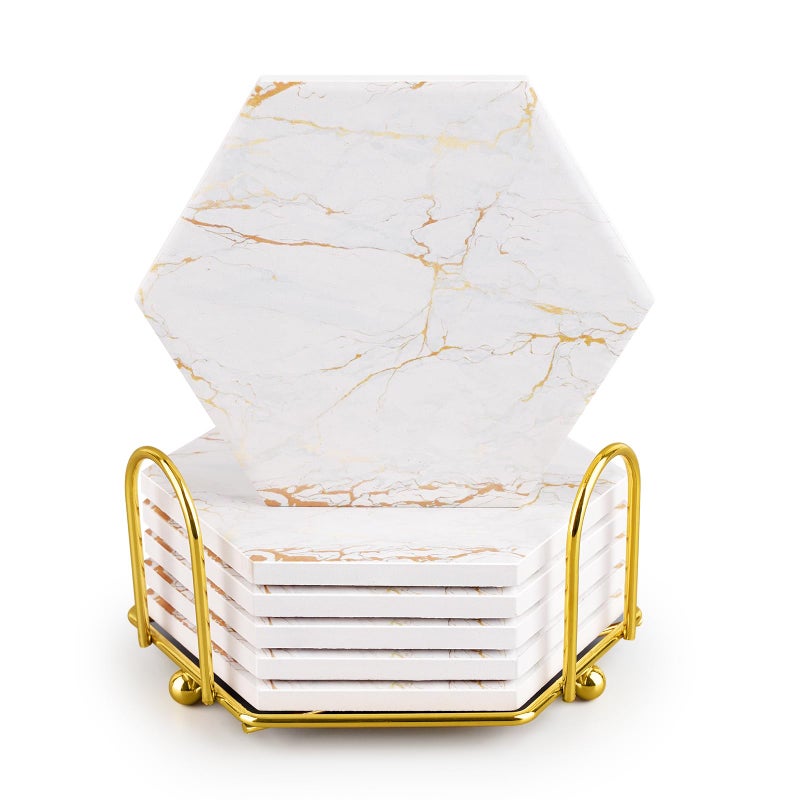 Marble Coasters for Drinks Absorbent with Cork Base 6pcs Drink Coasters for Wooden Table with Metal Holder Gold Ceramic Cup Coaster Set Home Decor for Housewarming