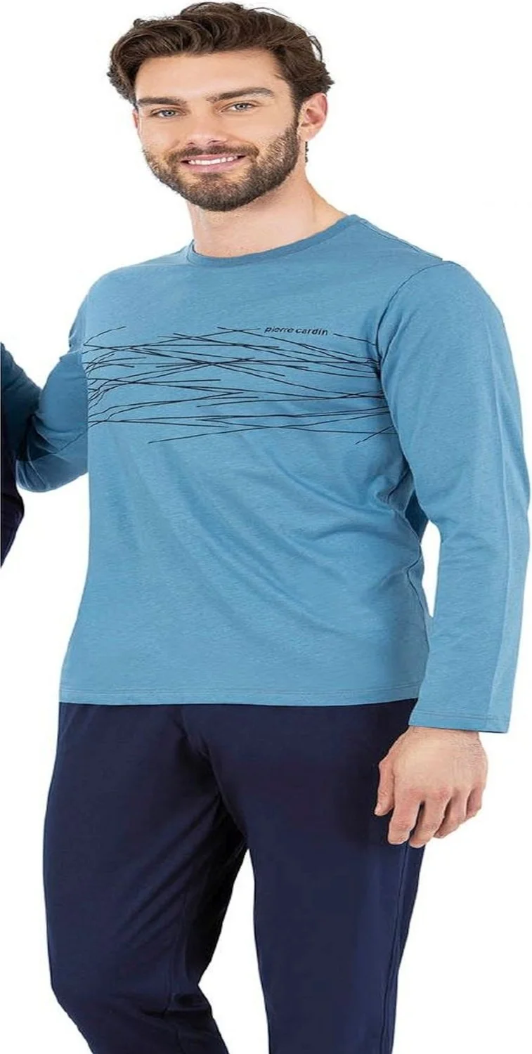 بيير كاردان 6061 Men's Blue Long Sleeve Round Neck Pajama Set