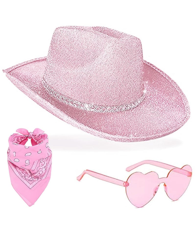 DAJOOEE Cowgirl Hat with Heart Sunglasses Glitter Cowboy Hat for Women Cosplay Bachelor Party Costume Hats (Pink) - Image 1