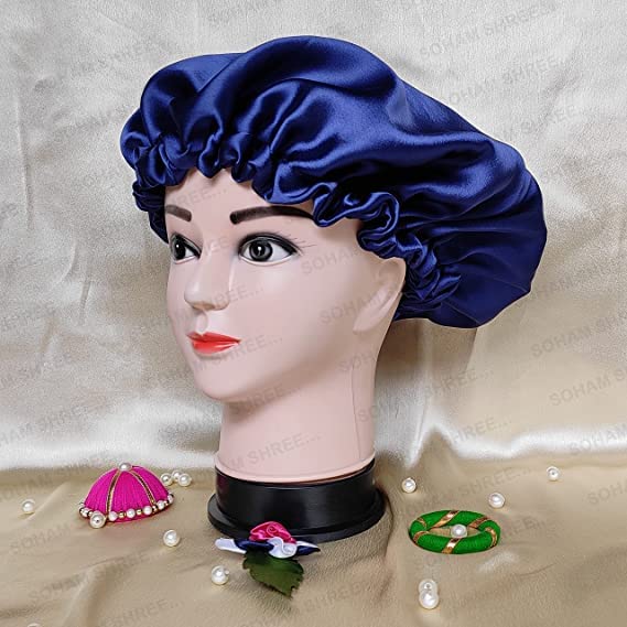 SOHAM SHREE ᵀᴹ Handmade Pure Satin Fully Reversible Hair Bonnet - Reversible Double Layer Large Sleep Cap (Blue) - Adjustable Sleep Cap for Women Girls - Image 2