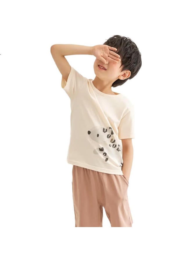 THREEGUN Sanqiang Water-Soft Cotton Children'S Short-Sleeve Shorts Pajama Set For Boys And Girls, 89205D0, Off-White, Size 120 - Image 3