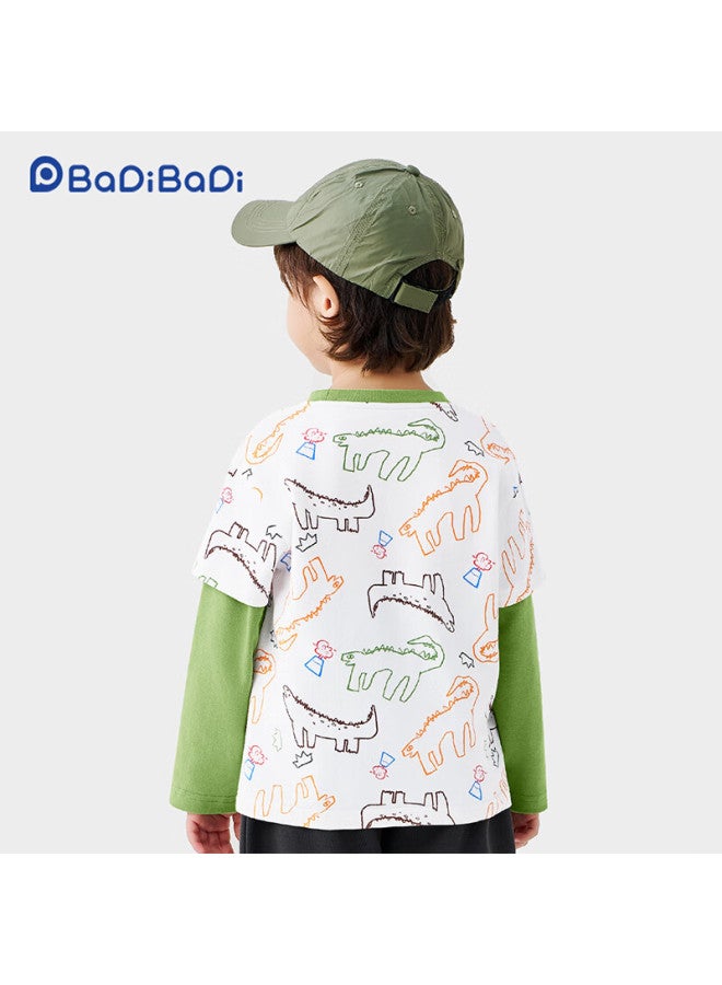 Badibadi Pure Cotton Infant And Toddler Boys Long-sleeve T-shirt, Fake Two-piece Undershirt, Casual Comfortable Versatile, Colorful Dinosaur, 120