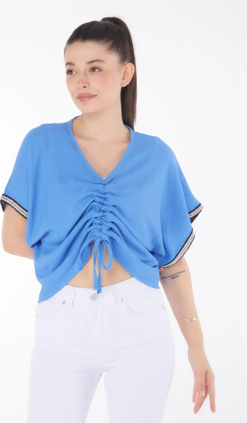 Tofisa Plain Medium Women's Blue V Neck Gathered Detail Blouse - 25837