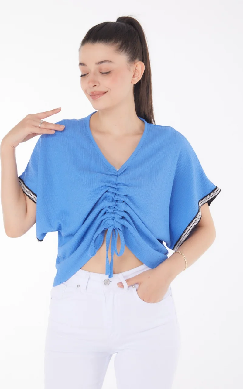 Tofisa Plain Medium Women's Blue V Neck Gathered Detail Blouse - 25837