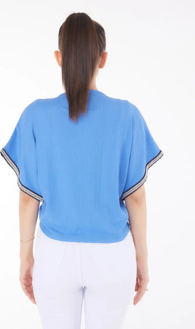 Tofisa Plain Medium Women's Blue V Neck Gathered Detail Blouse - 25837