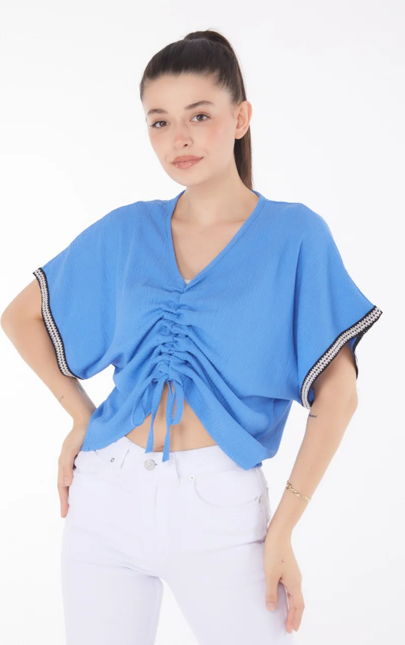 Tofisa Plain Medium Women's Blue V Neck Gathered Detail Blouse - 25837